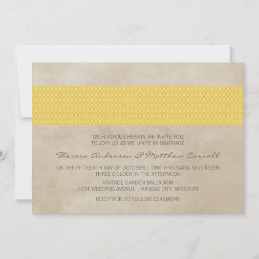 Yellow Rustic Damask Wedite Einladung (Vorderseite)
