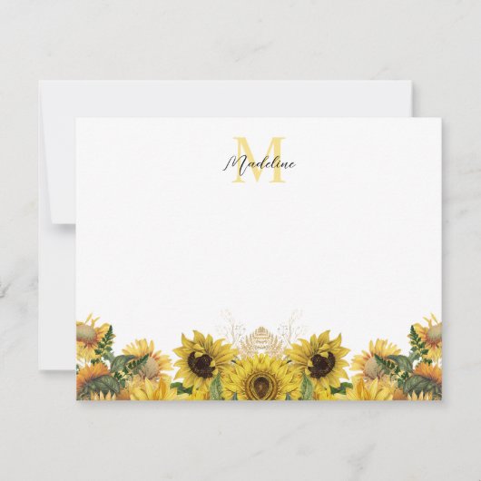 Yellow Rustic Sunflower Floral Script Monogram Mitteilungskarte (Vorderseite)