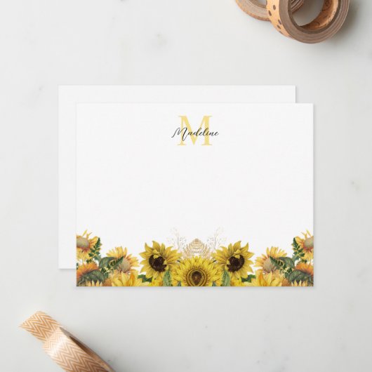 Yellow Rustic Sunflower Floral Script Monogram Mitteilungskarte (Vorderseite/Rückseite Beispiel)