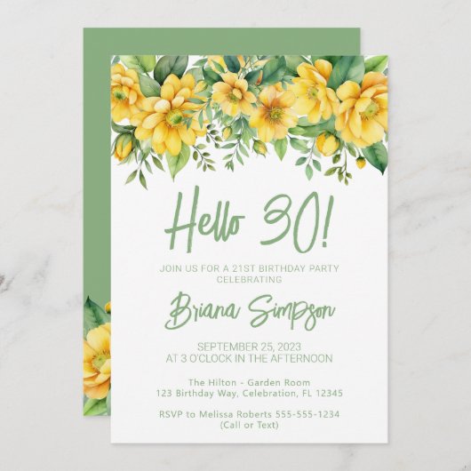 Yellow Sage Green Floral 30th Birthday Party Einladung (Vorne/Hinten)