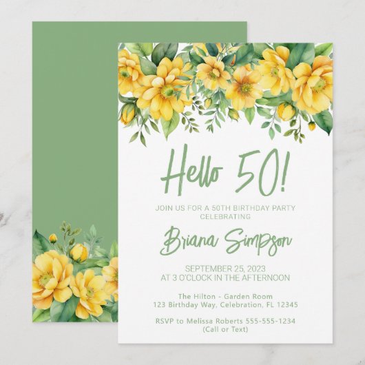Yellow Sage Green Floral 50th Birthday Party Einladung (Vorne/Hinten)