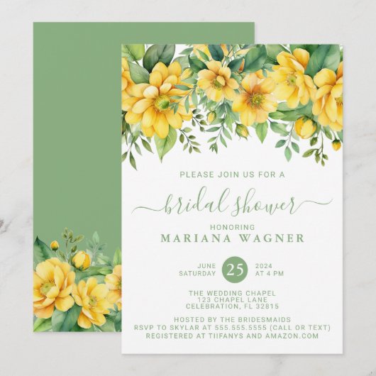 Yellow Sage Green Floral Bridal Shower Einladung (Vorne/Hinten)