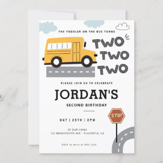 Yellow School Bus 2. Geburtstag Räder im Bus Einladung