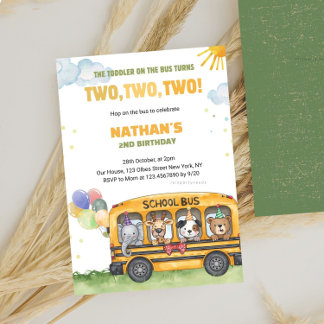 Yellow School Bus 2. Geburtstag Räder im Bus Einladung