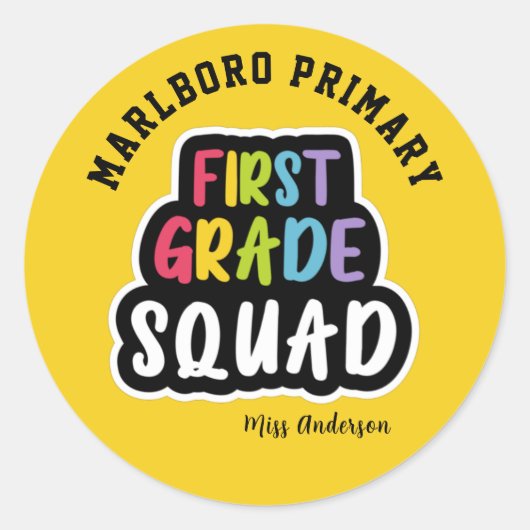 Yellow School Name First Grade Teacher Squad Runder Aufkleber (Vorderseite)