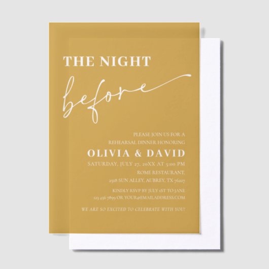 Yellow Senf The Night Before Probe Dinner Pergament Einladungen (Versetzt)