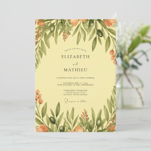 Yellow Serene Mediterranean Wedding Einladung (Stehend Vorderseite)