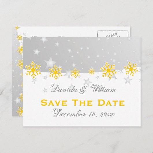 Yellow silber Schneeflocke Hochzeit Retten Sie das Ankündigungspostkarte (Vorne/Hinten)
