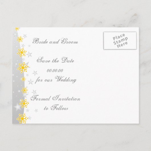Yellow silber Schneeflocke Hochzeit Retten Sie das Ankündigungspostkarte (Rückseite)