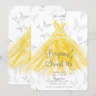 Yellow Silver Butterfly Dance Dress Sweet 16 Party Einladung
