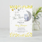 Yellow Silver Pink Owl Moon Babydusche Einladung (Stehend Vorderseite)