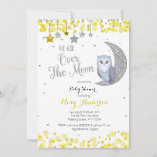 Yellow Silver Pink Owl Moon Babydusche Einladung