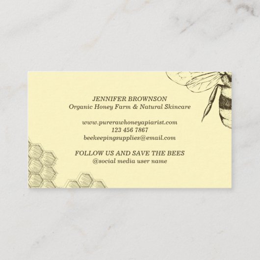 Yellow Simple Honeycomb Bee Retro Apiary Visitenkarte (Rückseite)