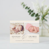 Yellow Simple Twins Foto Geburtsankündigung Postkarte (Stehend Vorderseite)