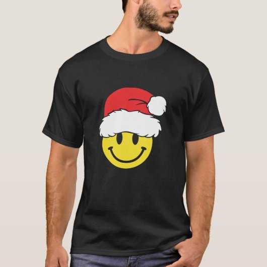 Yellow Smile Face Christmas Santa Hat Xmas Happy F T-Shirt (Vorderseite)