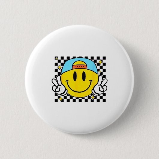 Yellow Smile Face Cute Checkered Peace Smiling Hap Button (Vorderseite)