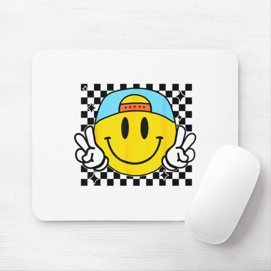 Yellow Smile Face Cute Checkered Peace Smiling Hap Mousepad (Mit Mouse)