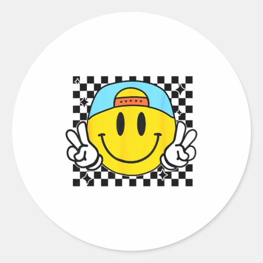 Yellow Smile Face Cute Checkered Peace Smiling Hap Runder Aufkleber (Vorderseite)