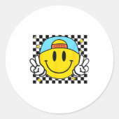Yellow Smile Face Cute Checkered Peace Smiling Hap Runder Aufkleber (Vorderseite)
