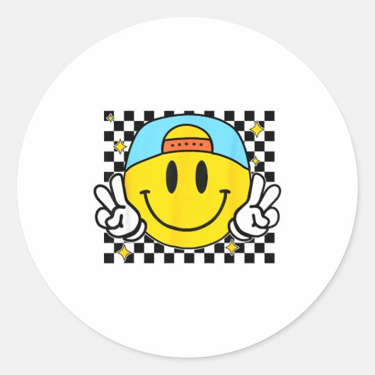 Yellow Smile Face Cute Checkered Peace Smiling Hap Runder Aufkleber (Vorderseite)