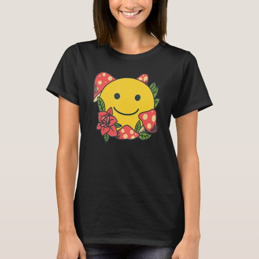 Yellow Smile Smiling Face Cute Mushroom Rose Flo T-Shirt (Vorderseite)