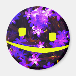 Yellow Smiley Face over Blue Flowers Magnet