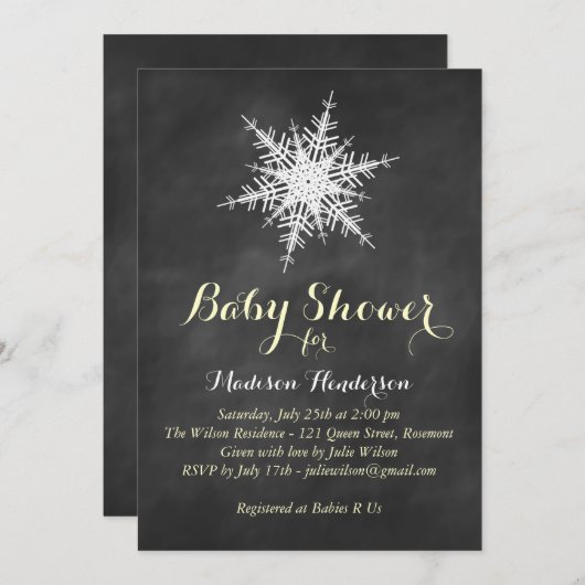 Yellow Snowflake Baby Dusche auf Chalk Einladung (Vorne/Hinten)