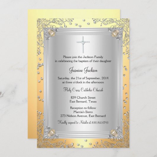 Yellow Sparkle Jewel Baptisse/Christening Invite Einladung (Vorne/Hinten)
