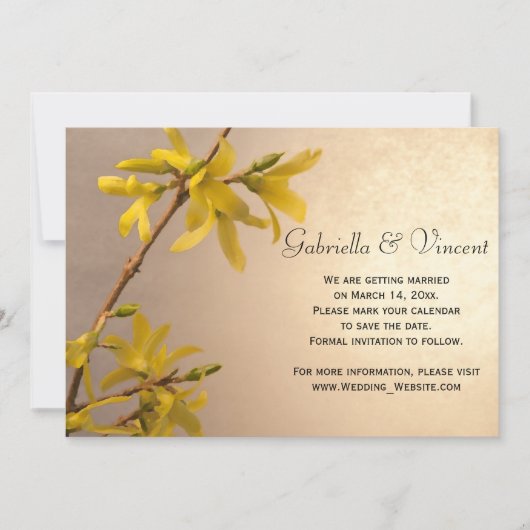 Yellow Spring Forsythia Wedding Save the Date Einladung (Vorderseite)