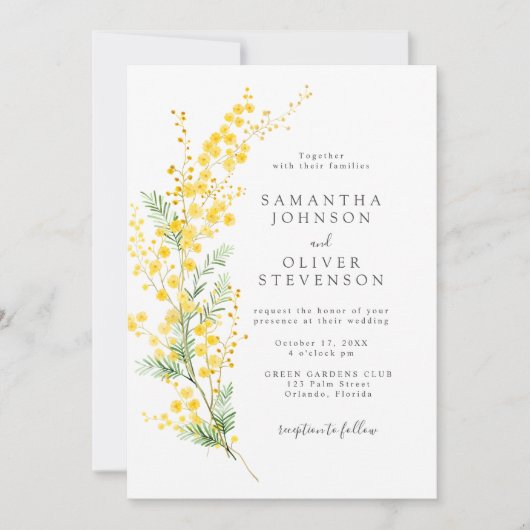 Yellow Spring Mimosa Wattle Blume Chic Wedding Einladung (Vorderseite)