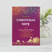 yellow String Lights Purple Christmas Party Einladung (Stehend Vorderseite)