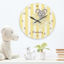 Yellow Strip Baby Koala Bären Kinderzimmer / Kinde Große Wanduhr