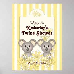Yellow Stripe Baby Koala Twin Kids Party Willkomme Poster