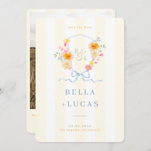 Yellow Stripe Floral Crest Monogram Spring Wedding Save The Date (Vorne/Hinten)