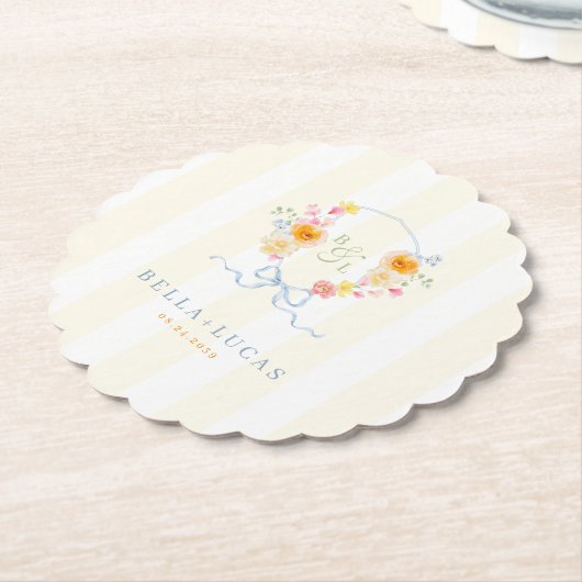 Yellow Stripe Floral Crest Monogram Spring Wedding Untersetzer (angewinkelt)