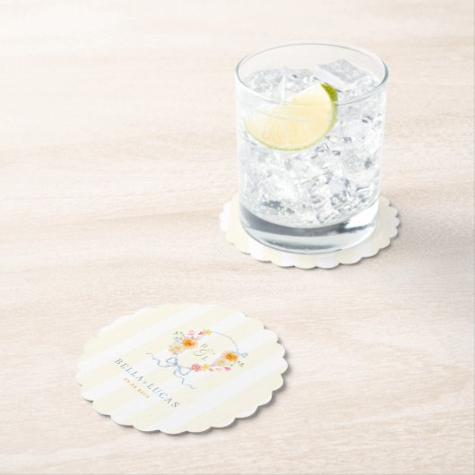 Yellow Stripe Floral Crest Monogram Spring Wedding Untersetzer (Vor Ort)