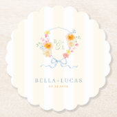 Yellow Stripe Floral Crest Monogram Spring Wedding Untersetzer (Vorderseite)
