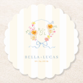 Yellow Stripe Floral Crest Monogram Spring Wedding Untersetzer