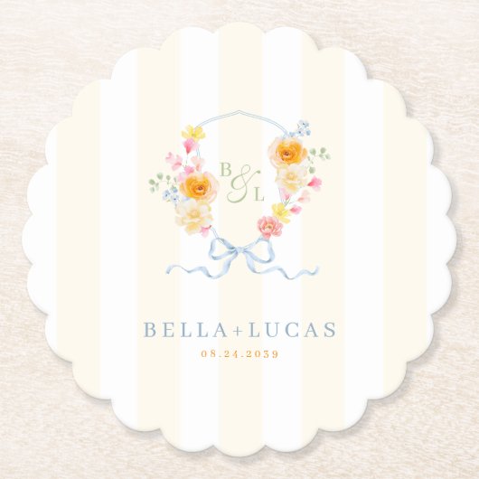 Yellow Stripe Floral Crest Monogram Spring Wedding Untersetzer (Vorderseite)
