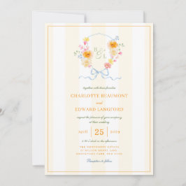 Yellow Stripe Floral Crest Spring Monogram Wedding Einladung