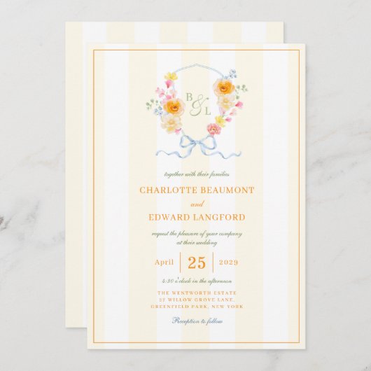 Yellow Stripe Floral Crest Spring Monogram Wedding Einladung (Vorne/Hinten)