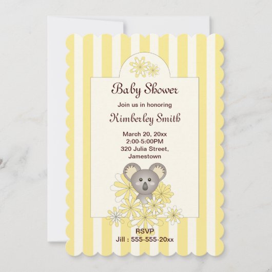 Yellow Stripe Koala Gender Neutral Baby Dusche Einladung (Vorderseite)