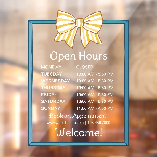 Yellow Striped Bow Blue Frame Open Hours Number Fensteraufkleber (Blatt 2)