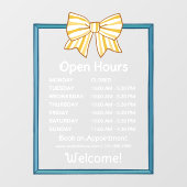 Yellow Striped Bow Blue Frame Open Hours Number Fensteraufkleber (Blatt)