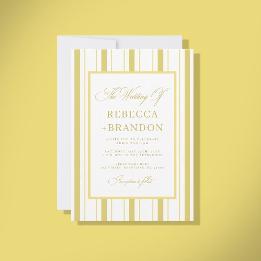 Yellow Stripes Elegant QR Code RSVP Summer Wedding Einladung