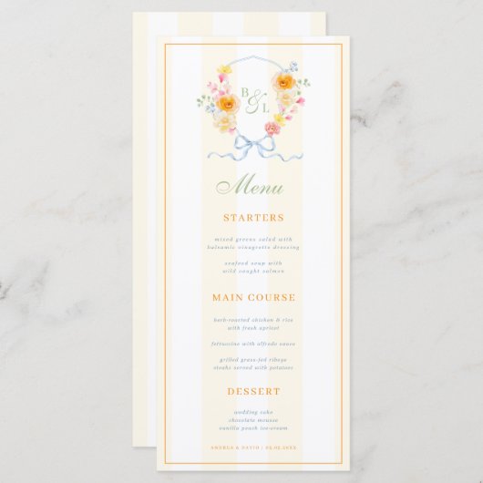 Yellow Stripes & Floral Crest Spring Wedding Menu Menükarte (Vorne/Hinten)
