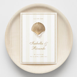 Yellow Stripes Gold Seashell Coastal Wedding Save The Date