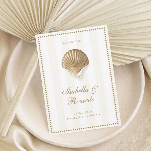Yellow Stripes Gold Seashell Coastal Wedding Save The Date