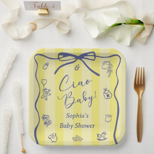 Yellow Stripes Italian Themed Ciao Baby Pappteller (Hochzeit)