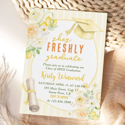 Yellow Stripes Lemons and Flowers Graduation Einladung